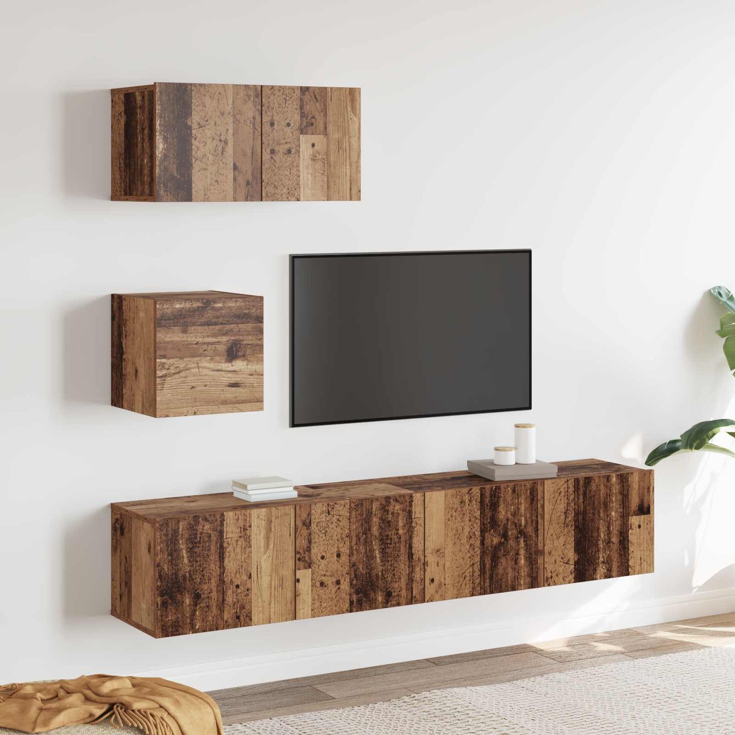TV szekrény garnitúra Falra szerelhető 3 pcs Öreg fa Faanyag