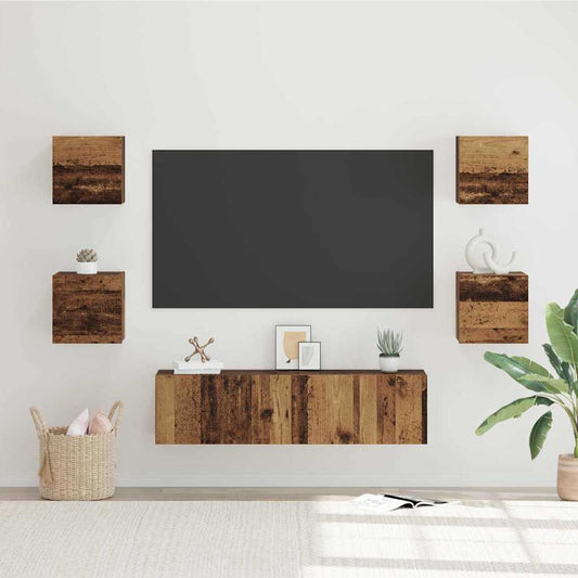 TV szekrény garnitúra Falra szerelhető 6 pcs Öreg fa Faanyag