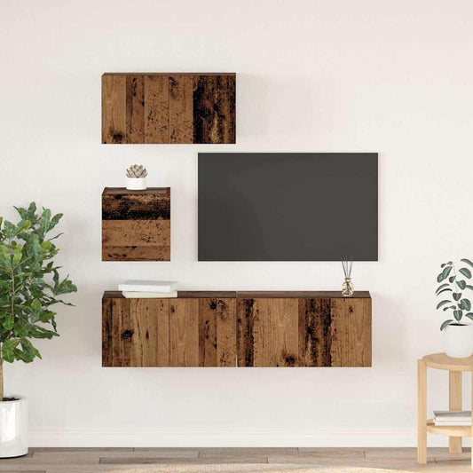 TV szekrény garnitúra Falra szerelhető 4 pcs Öreg fa Faanyag