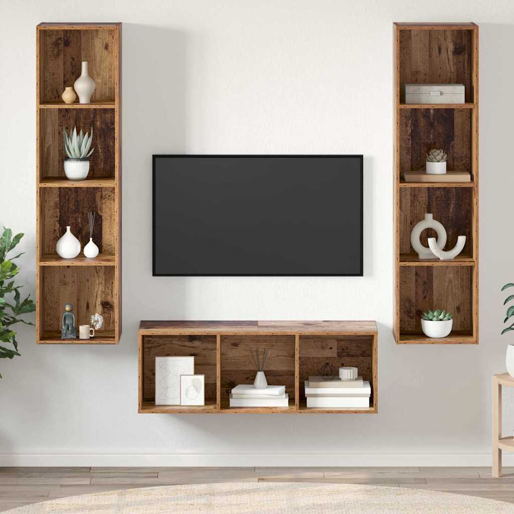 TV szekrény garnitúra Falra szerelhető 3 pcs Öreg fa Faanyag