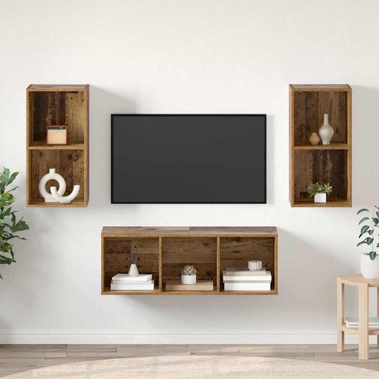 TV szekrény garnitúra Falra szerelhető 3 pcs Öreg fa Faanyag