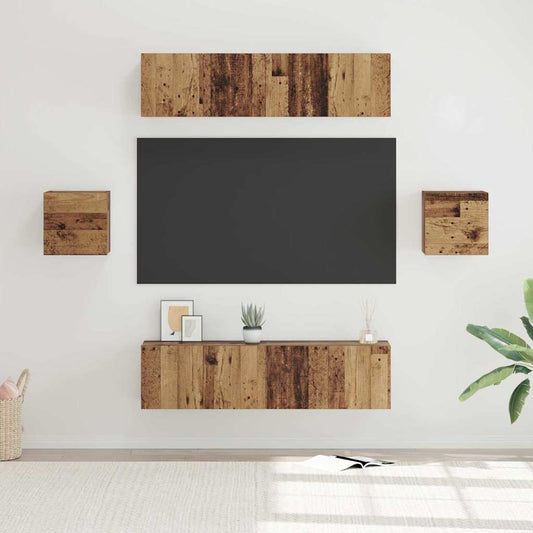 TV szekrény garnitúra Falra szerelhető 6 pcs Öreg fa Faanyag