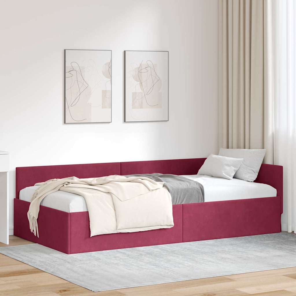 Sarokágy keret fejtámlával Bordó 90 cm x 190 cm Bársony