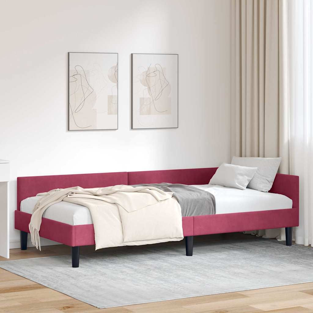 Sarokágy keret fejtámlával Bordó 90 cm x 190 cm Bársony