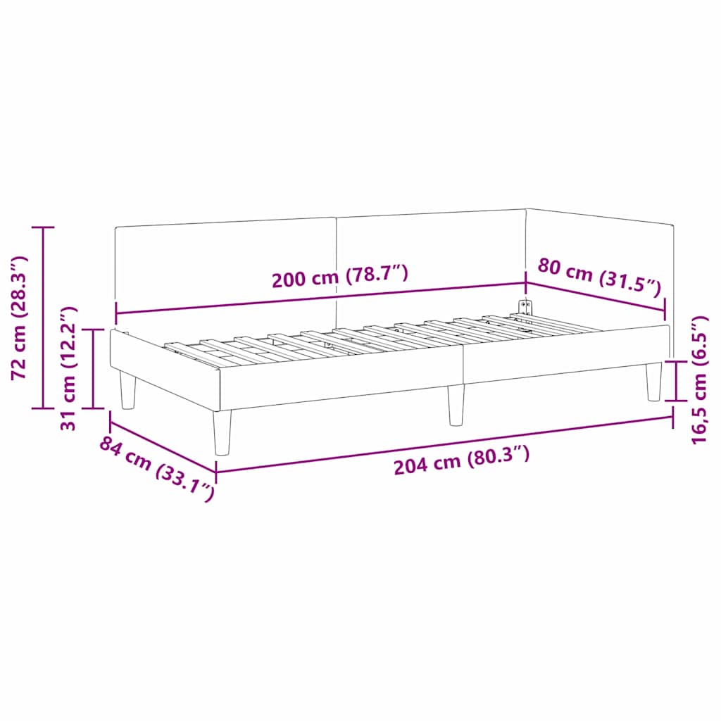 Sarokágy keret fejtámlával Sötétszürke 80 cm x 200 cm Bársony