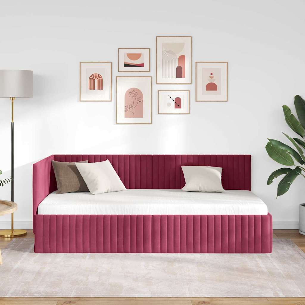 Sarokágy keret fejtámlával Bordó 90 cm x 190 cm Bársony