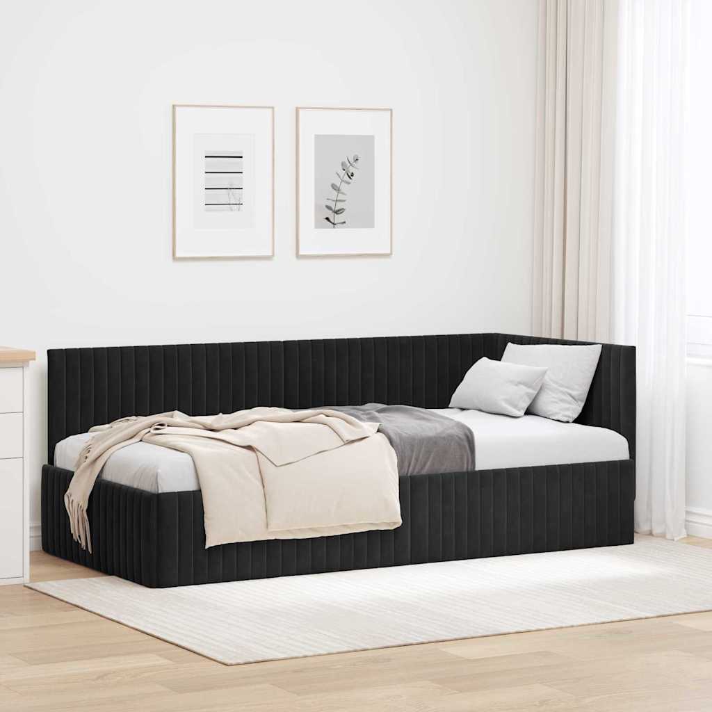 Sarokágy keret fejtámlával Fekete 90 cm x 190 cm Bársony