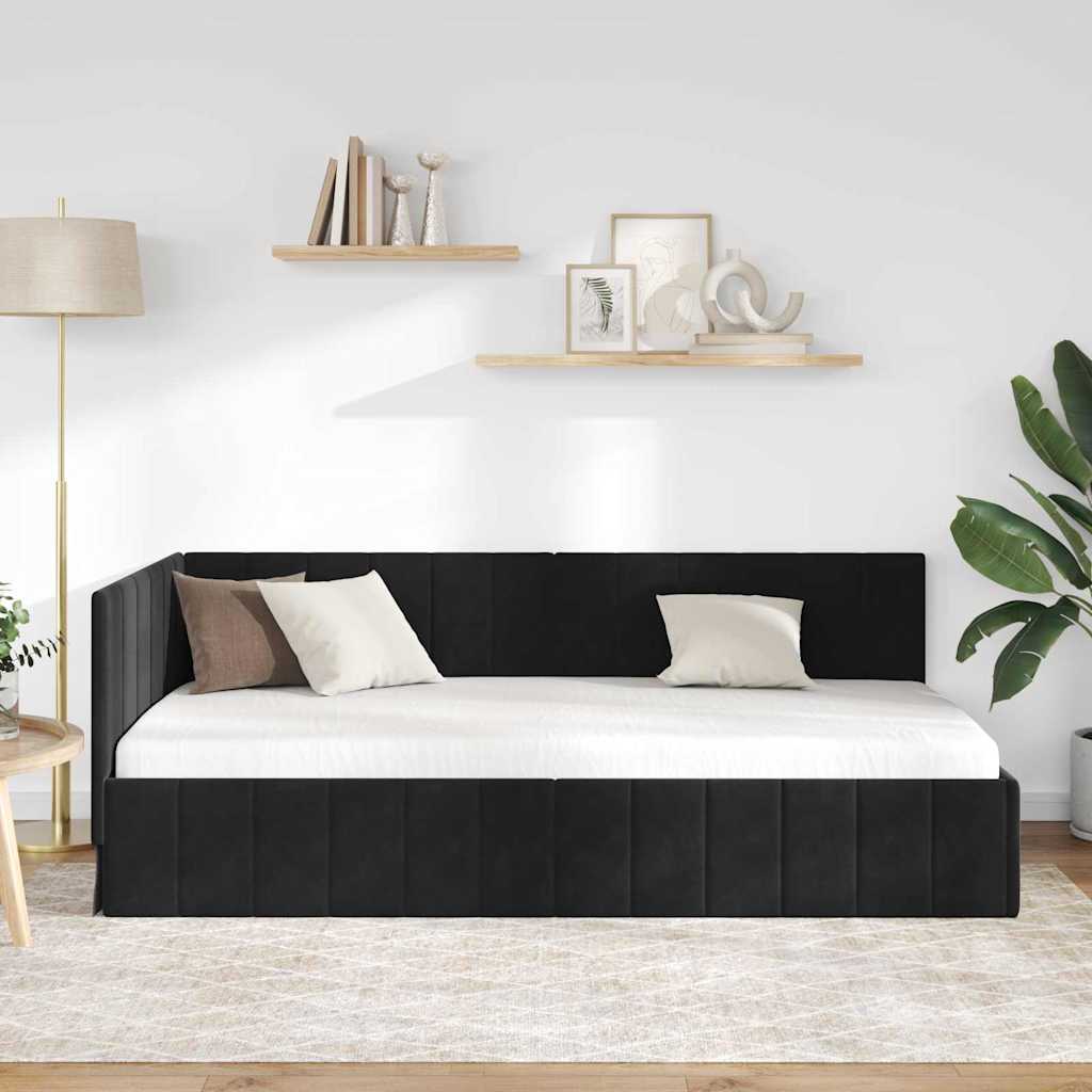 Sarokágy keret fejtámlával Fekete 90 cm x 190 cm Bársony