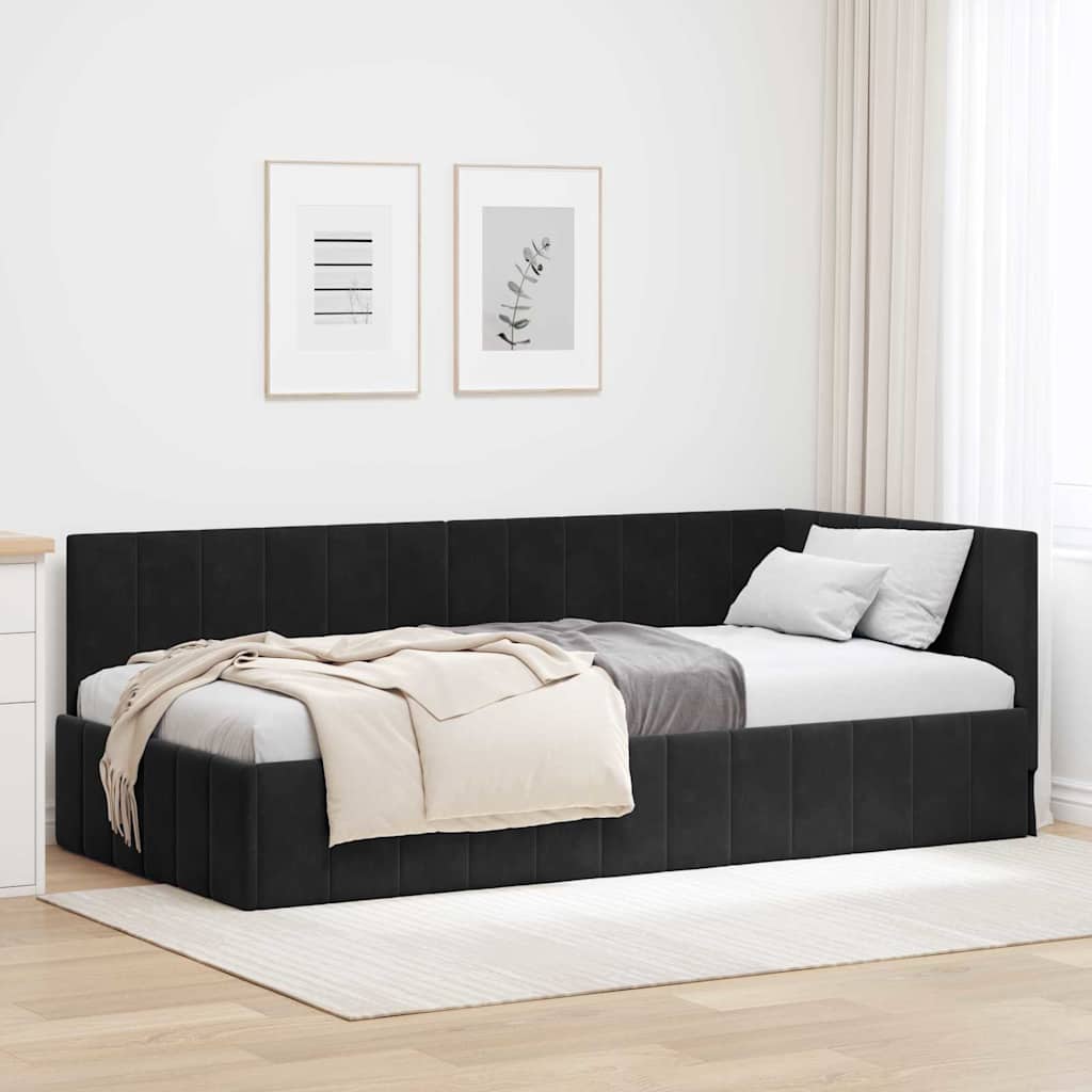 Sarokágy keret fejtámlával Fekete 90 cm x 200 cm Bársony