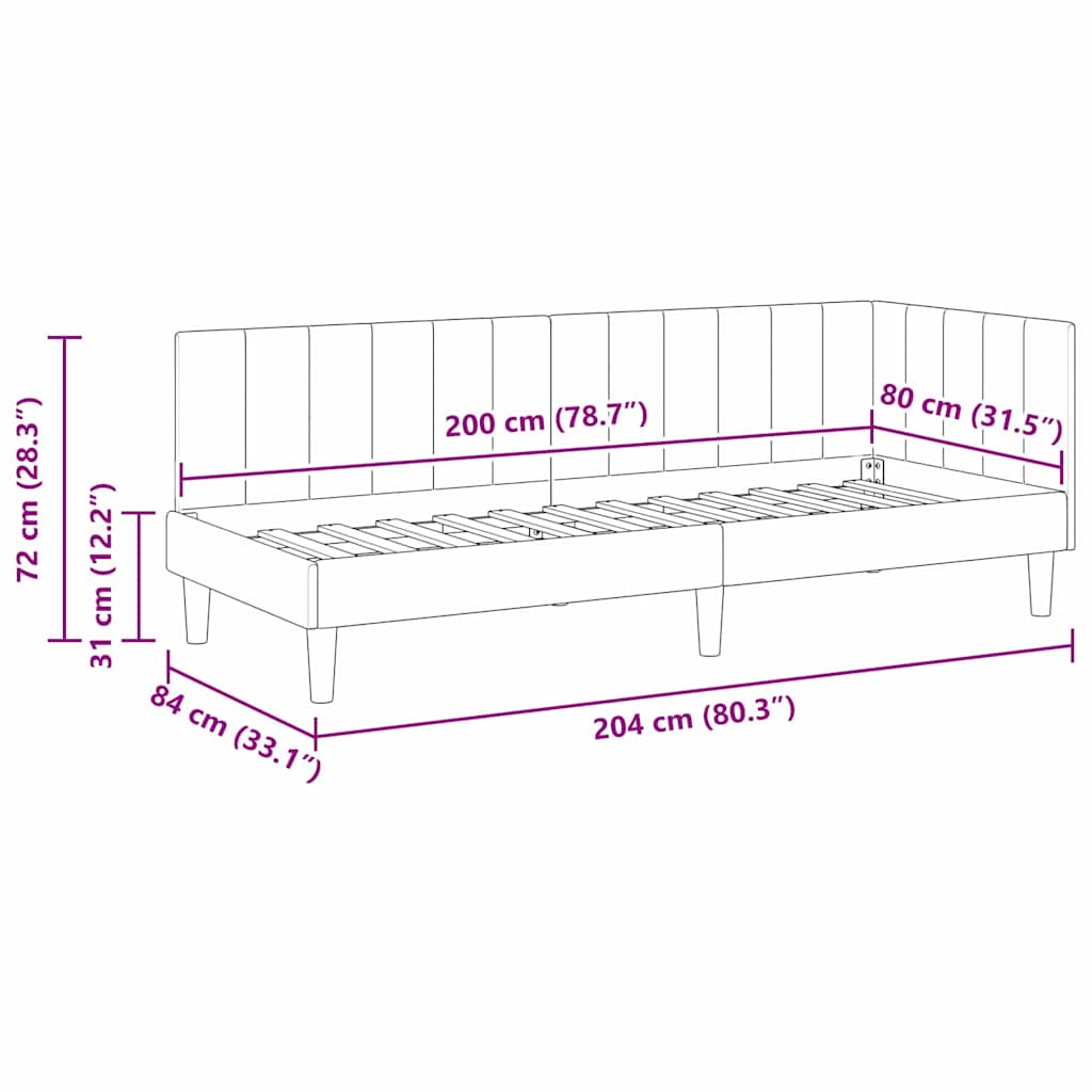 Sarokágy keret fejtámlával Sárga 80 cm x 200 cm Bársony