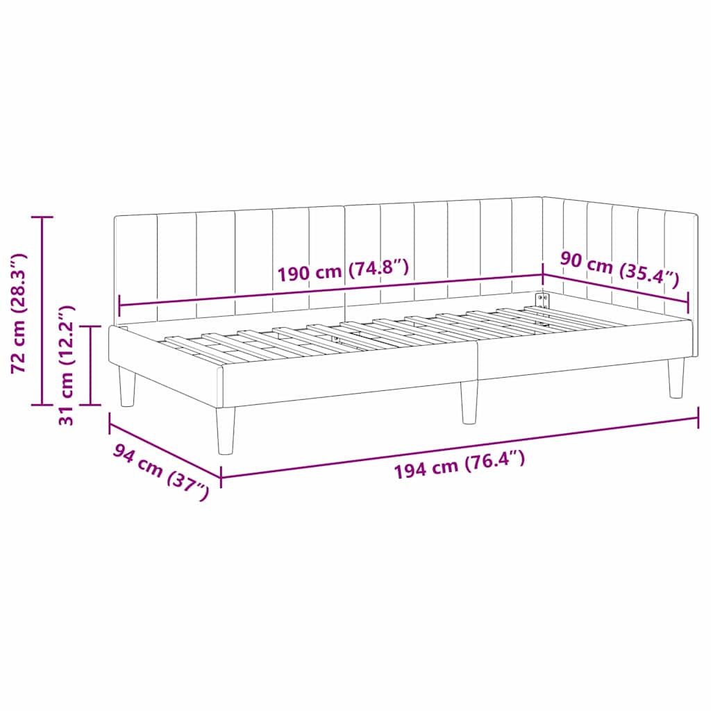 Sarokágy keret fejtámlával Világosszürke 90 cm x 190 cm Bársony