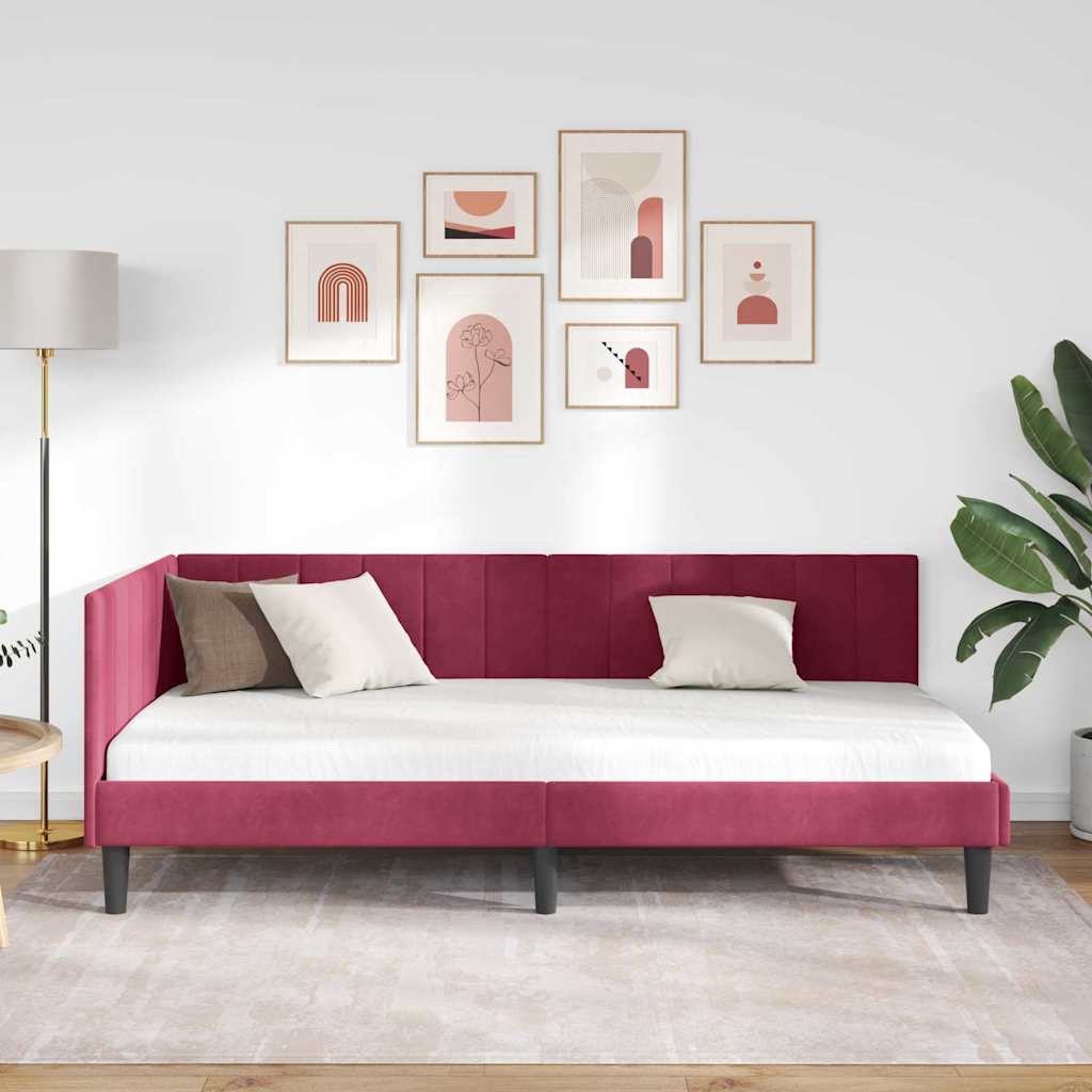 Sarokágy keret fejtámlával Bordó 90 cm x 190 cm Bársony