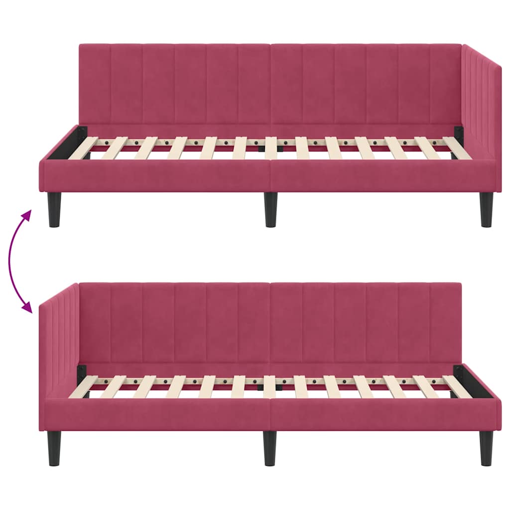 Sarokágy keret fejtámlával Bordó 90 cm x 190 cm Bársony