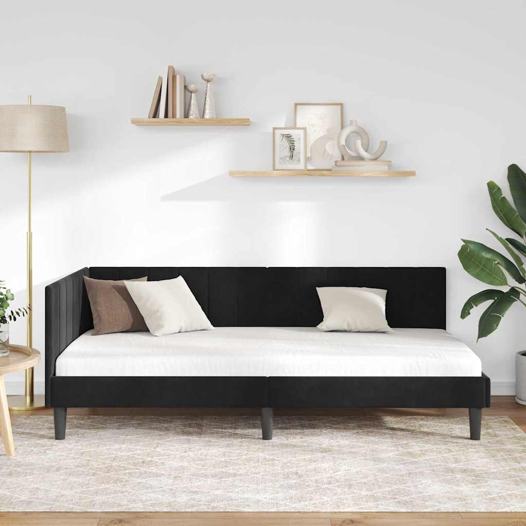 Sarokágy keret fejtámlával Fekete 90 cm x 190 cm Bársony