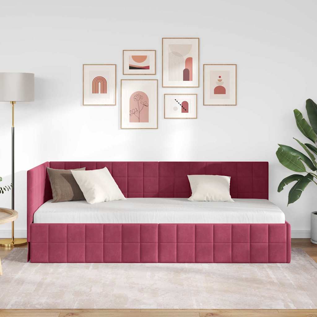Sarokágy keret fejtámlával Bordó 80 cm x 200 cm Bársony