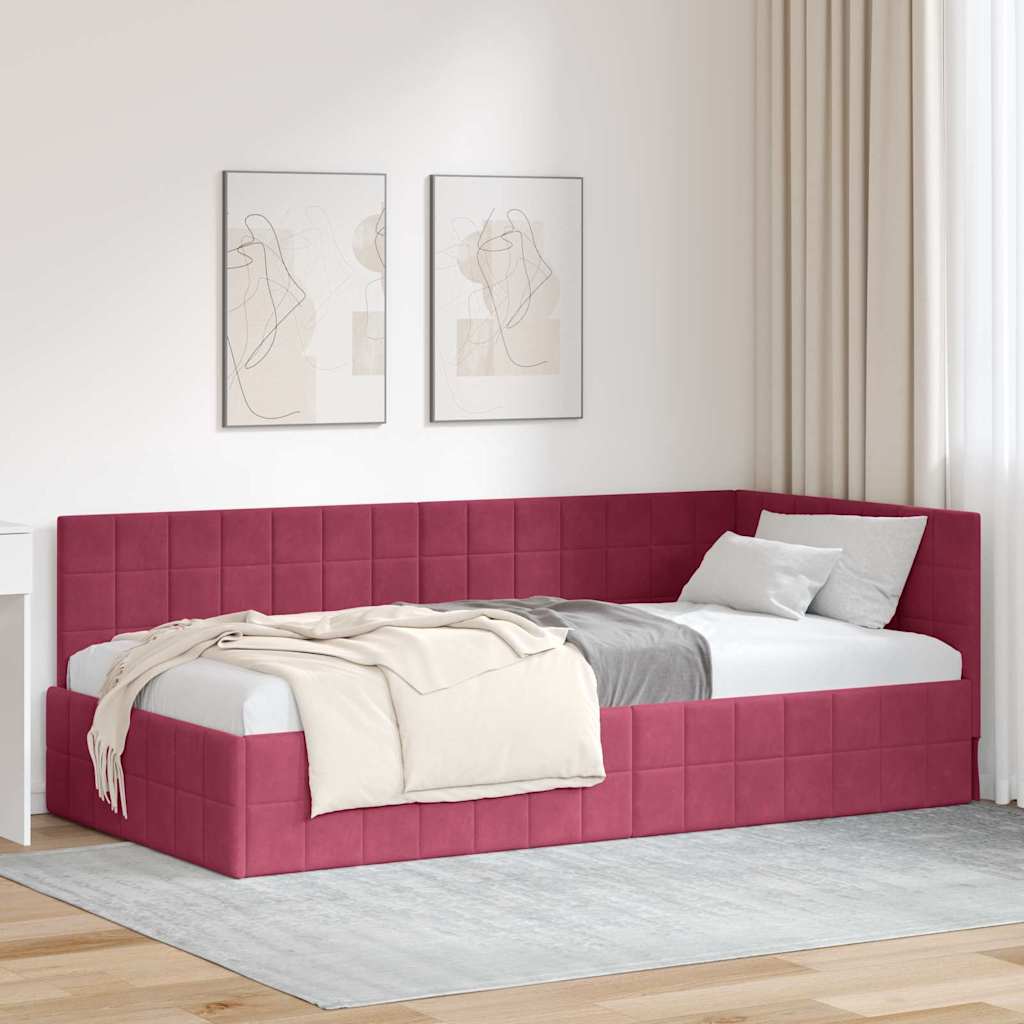 Sarokágy keret fejtámlával Bordó 90 cm x 190 cm Bársony