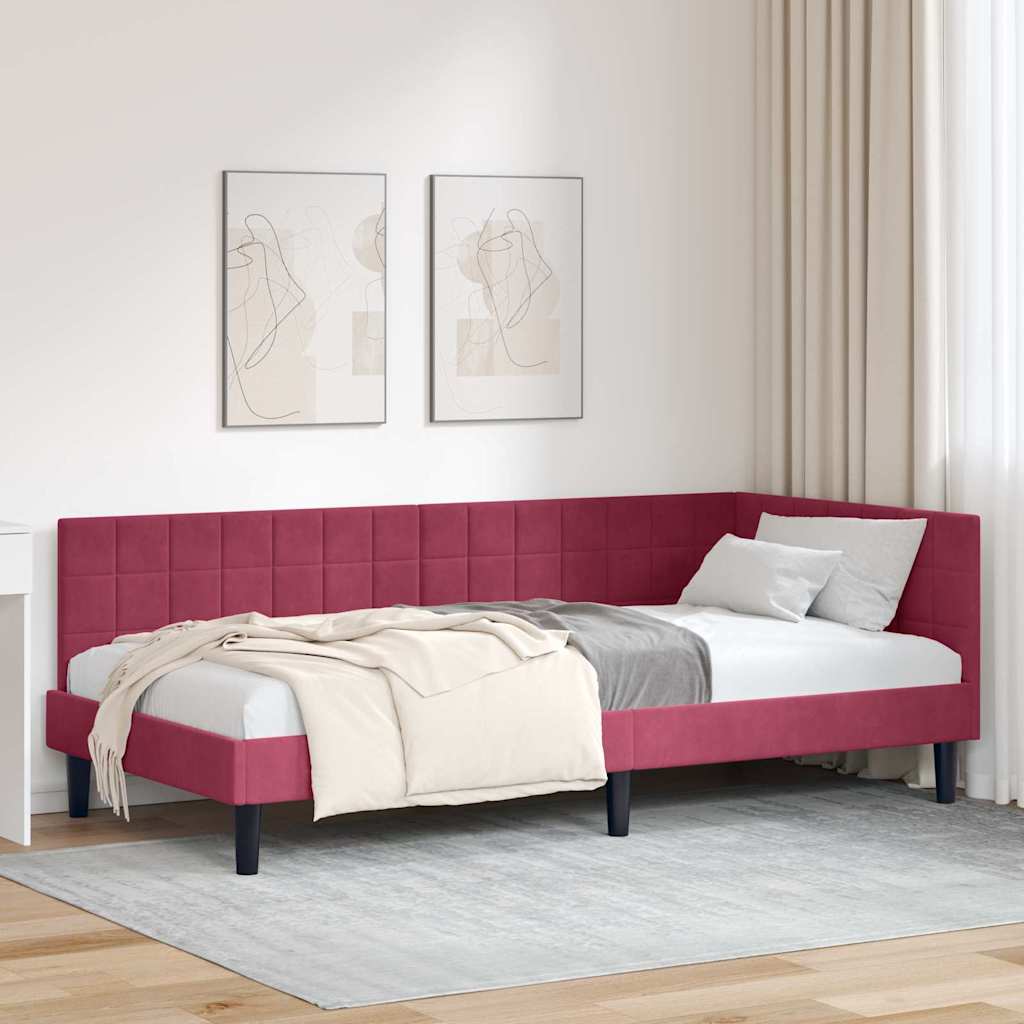 Sarokágy keret fejtámlával Bordó 90 cm x 190 cm Bársony