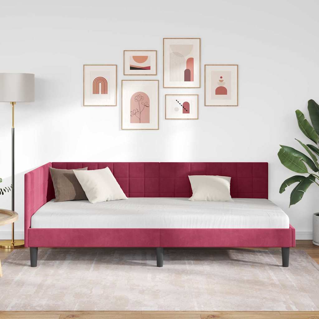 Sarokágy keret fejtámlával Bordó 90 cm x 190 cm Bársony