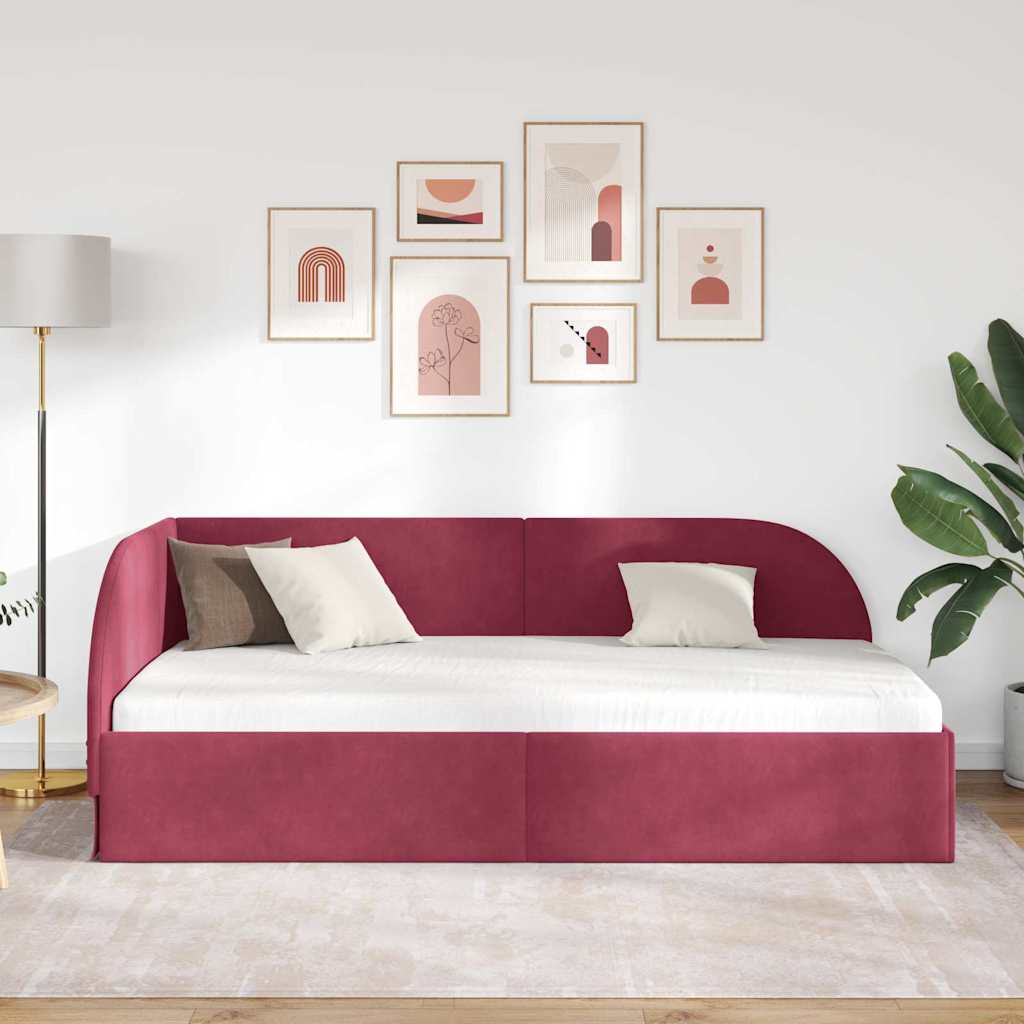 Sarokágy keret fejtámlával Bordó 90 cm x 190 cm Bársony
