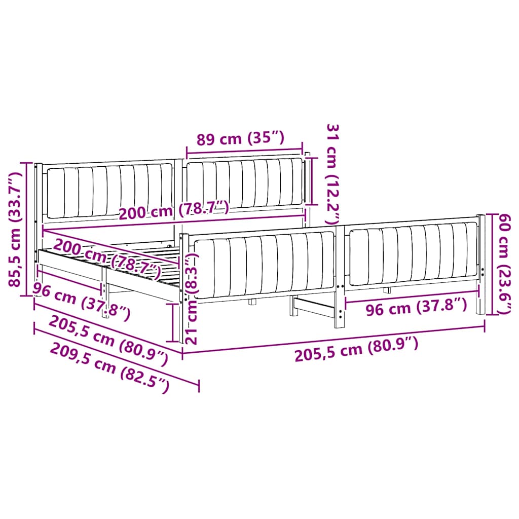 Ágykeret fejtámlával Barna és fekete 200 x 200 cm Tömör fenyőfa
