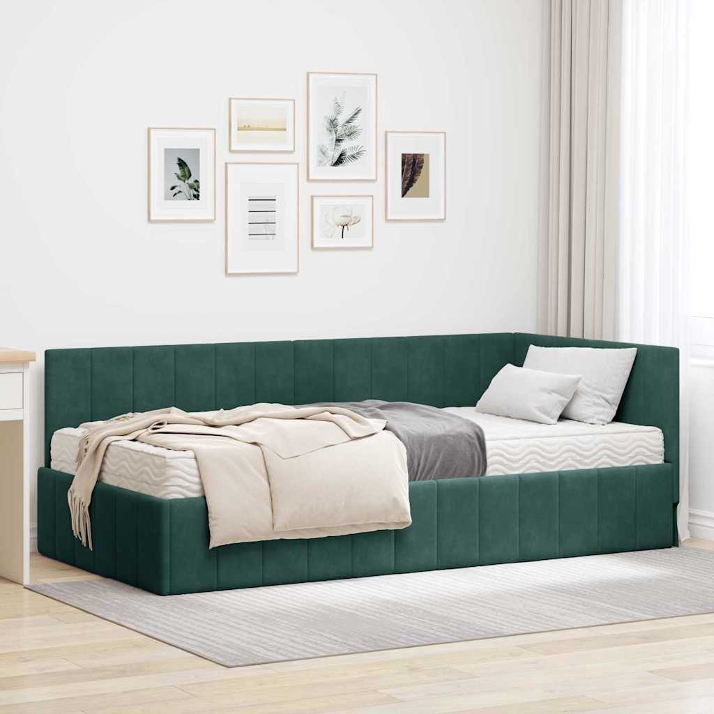 Sarok Ágykeret Matraccal 2 db Sötétzöld 100 x 200 cm Bársony