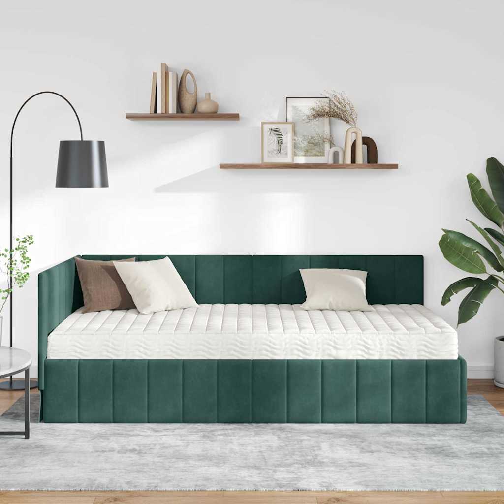 Sarok Ágykeret Matraccal 2 db Sötétzöld 100 x 200 cm Bársony