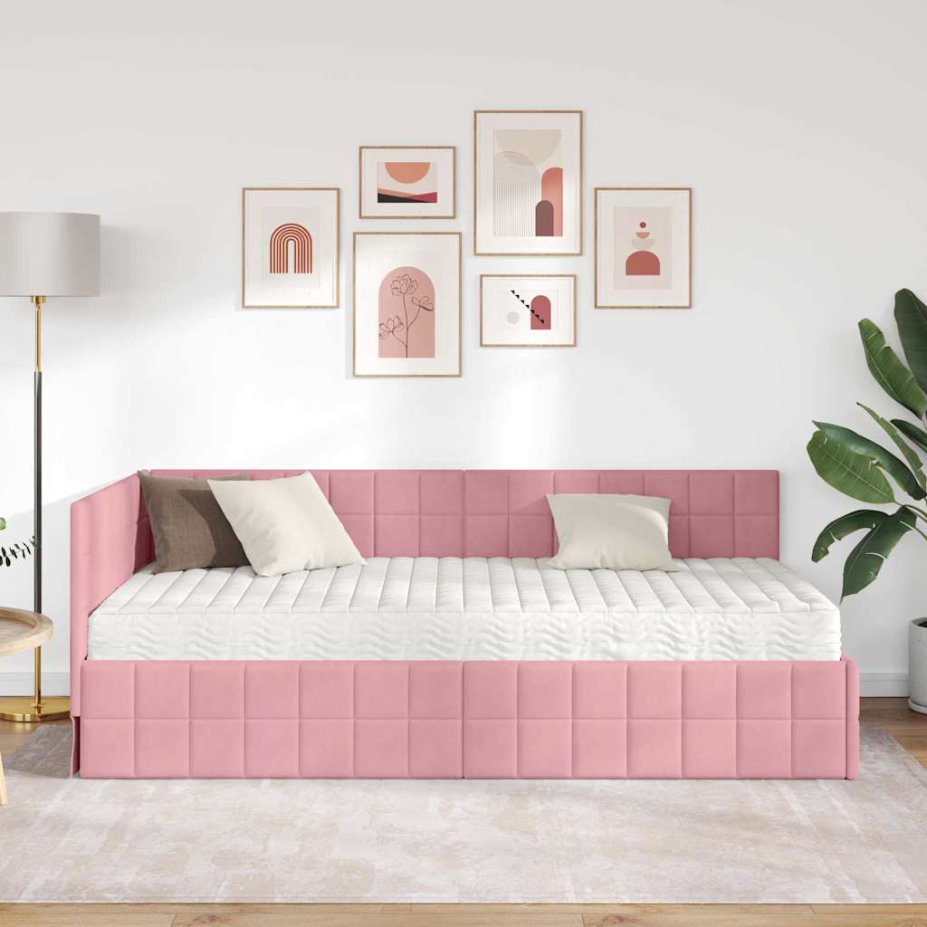 Sarok Ágykeret Matraccal 2 db Rózsaszín 100 x 200 cm Bársony