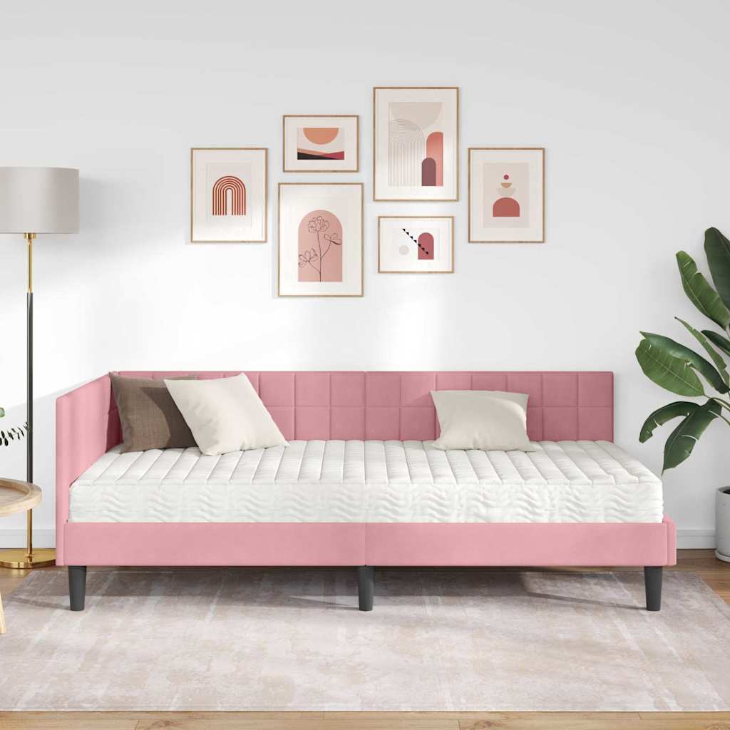 Sarok Ágykeret Matraccal 2 db Rózsaszín 90 x 200 cm Bársony