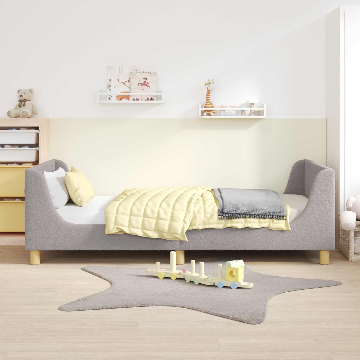 Gyerekágy kerettel fejtámlával Világosszürke 90x190 cm Bouclé