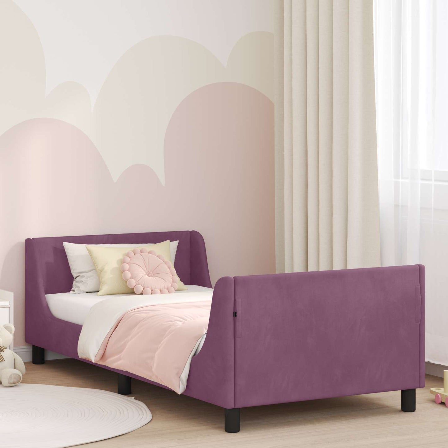 Gyerekágy kerettel fejtámlával Lila 90 x 200 cm Bársony