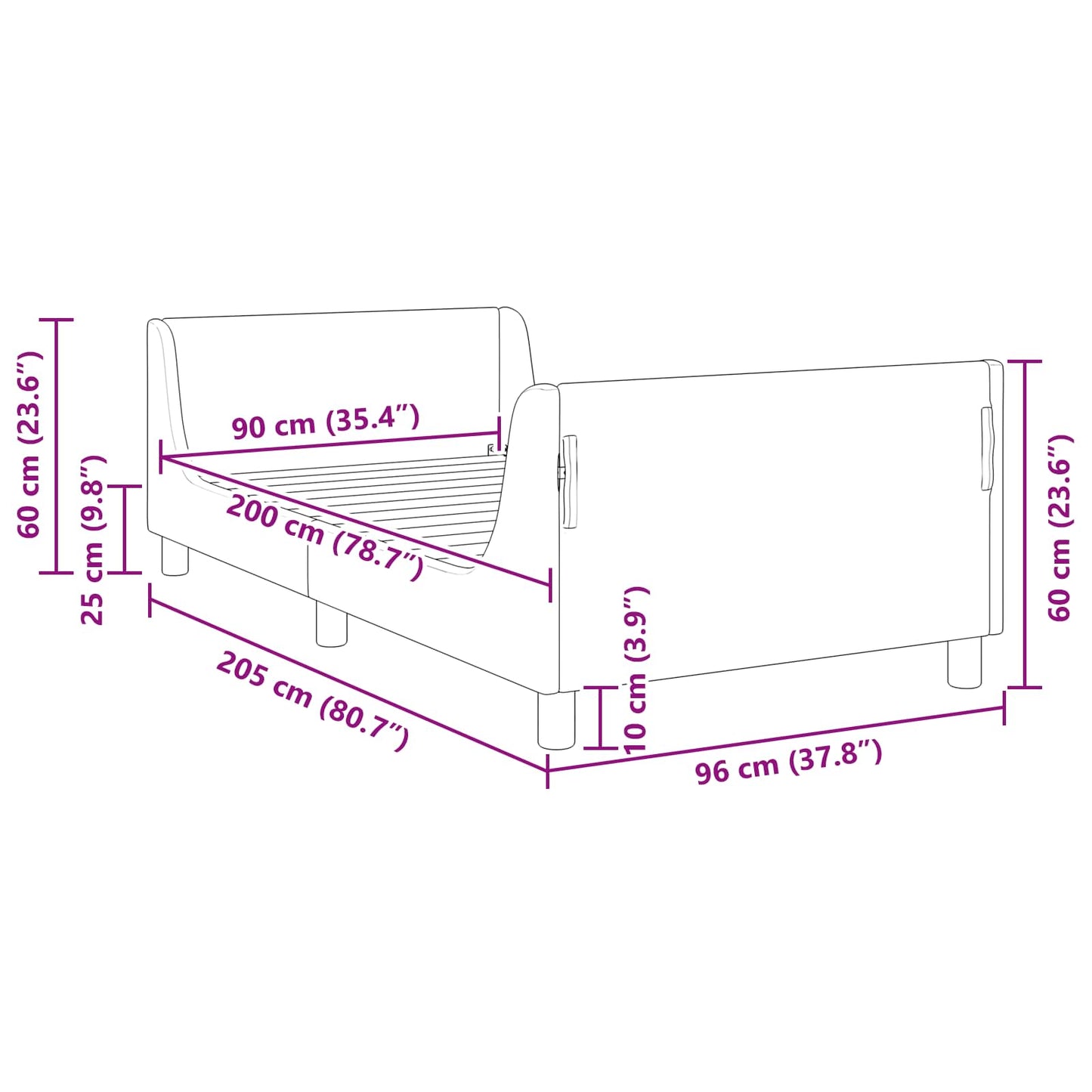 Gyerekágy kerettel fejtámlával Lila 90 x 200 cm Bársony