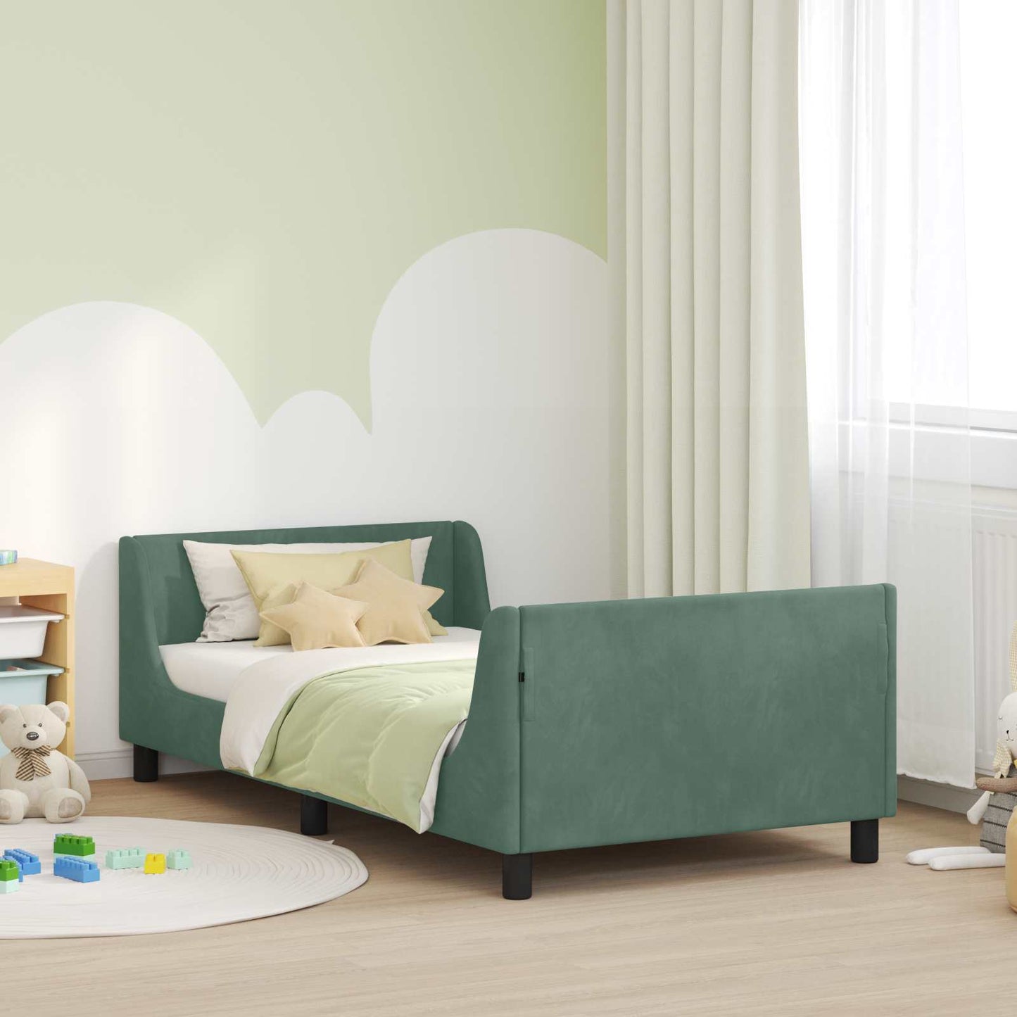 Gyerekágy kerettel fejtámlával Tengeri Zöld 90 x 200 cm Bársony