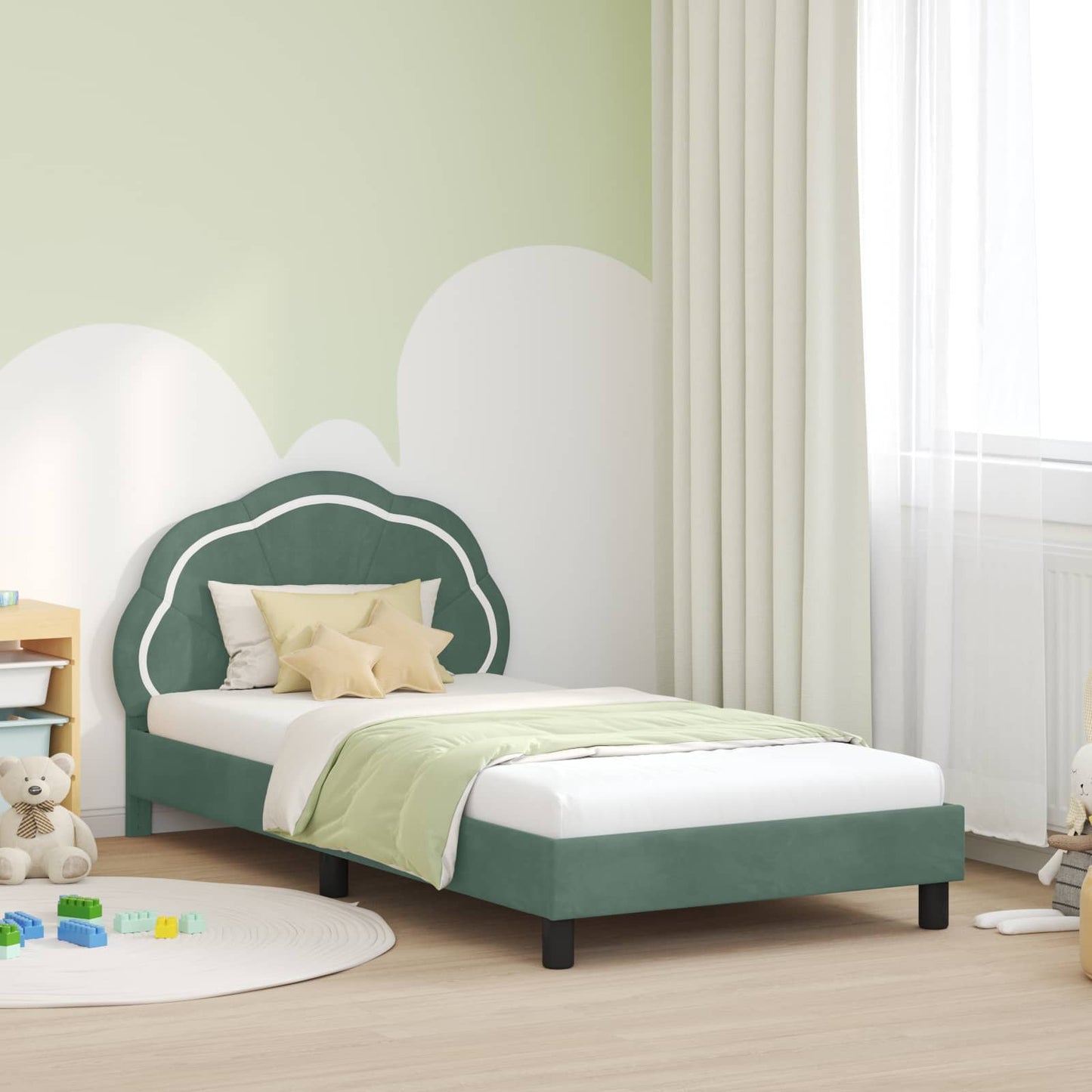 Gyerekágy kerettel fejtámlával Tengeri Zöld 90 x 200 cm Bársony