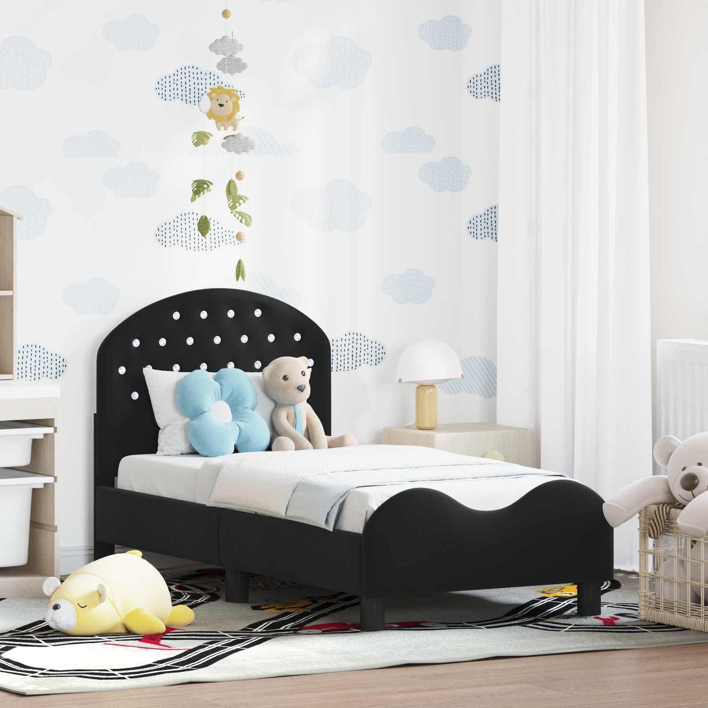 Gyerekágy keret fejtámlával Fekete 70 x 140 cm Bársony