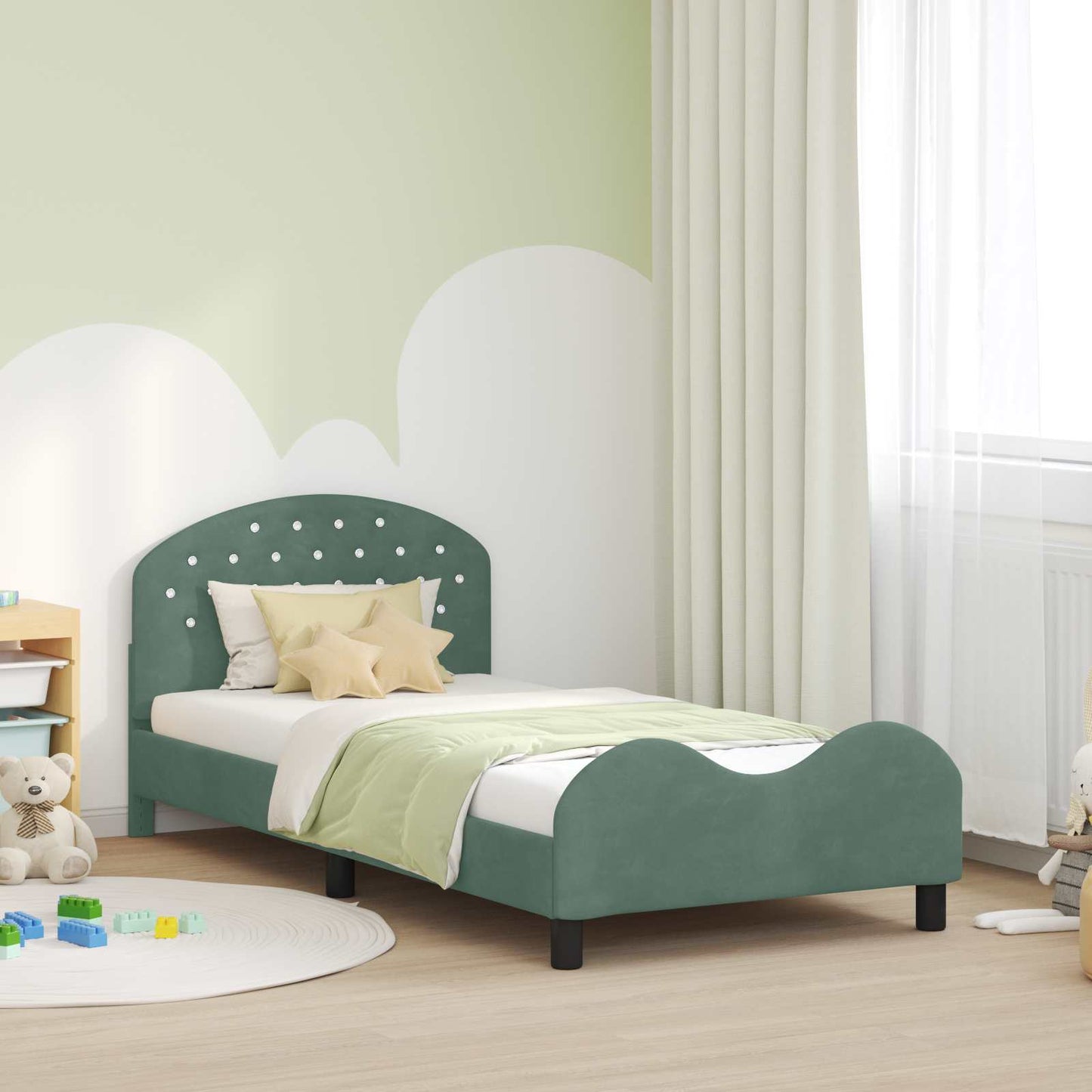 Gyerekágy kerettel fejtámlával Tengeri Zöld 90 x 190 cm Bársony