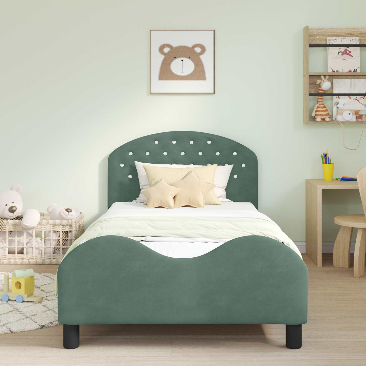 Gyerekágy kerettel fejtámlával Tengeri Zöld 90 x 190 cm Bársony