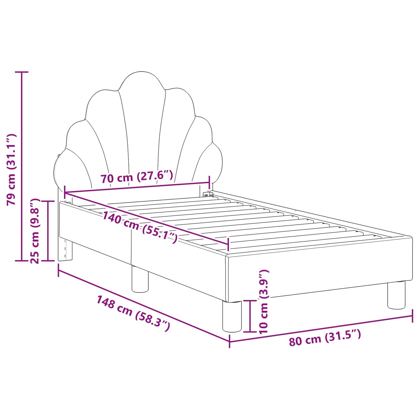Gyerekágy keret fejtámlával Tengeri Zöld 70 x 140 cm Bársony