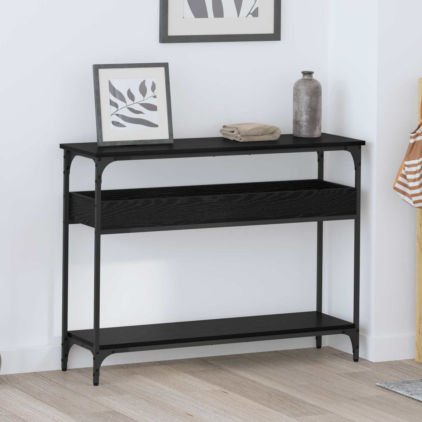 Konzolasztal polcokkal Musta tammi 100 x 29 x 75 cm Faanyag