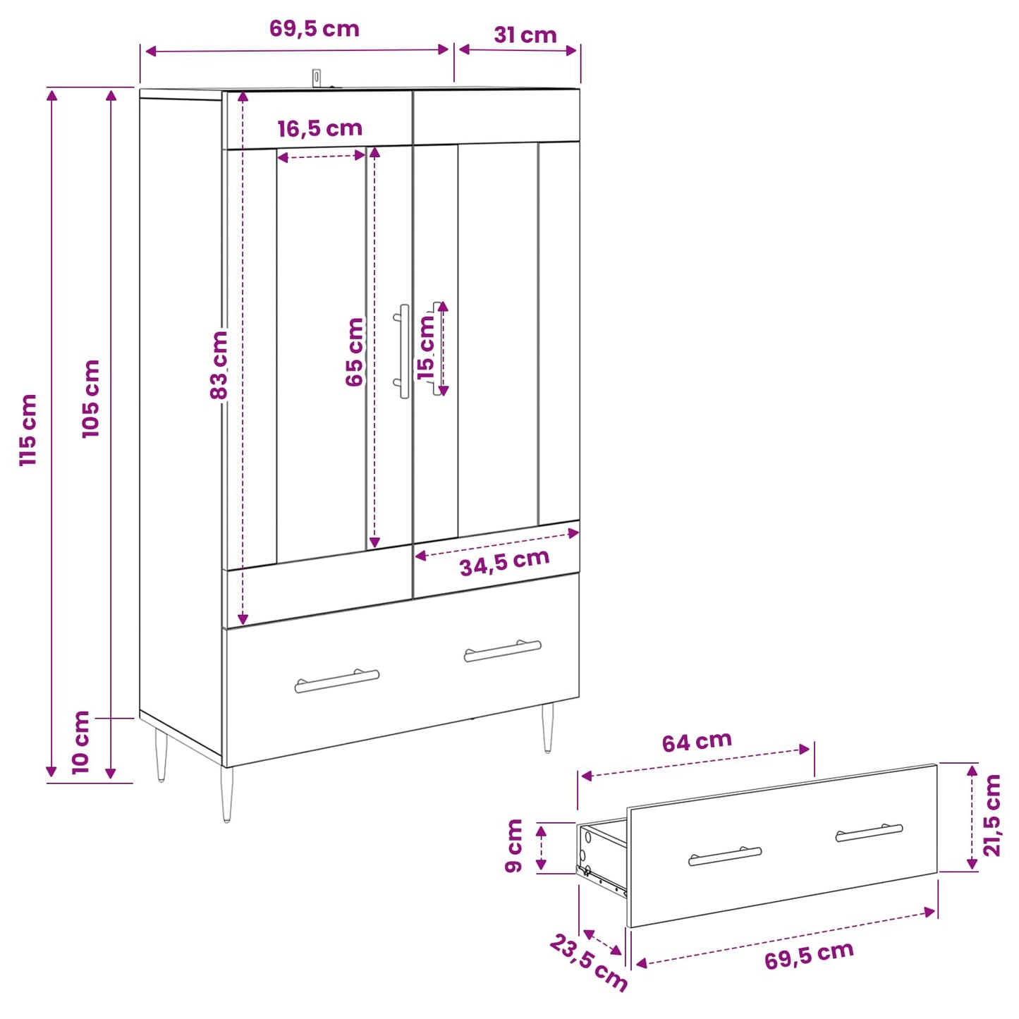 Magasfiú Fekete tölgy 69,5 x 31 x 115 cm Műanyag Fa és Üveg