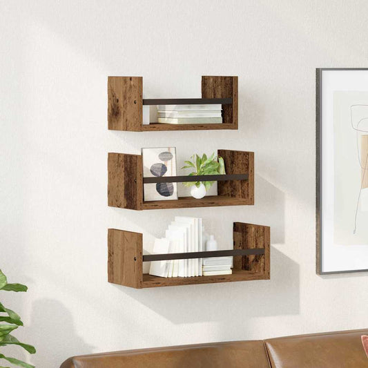 Fali polc készlet polcokkal 3 pcs Öreg fa 40x16x14cm Faanyag