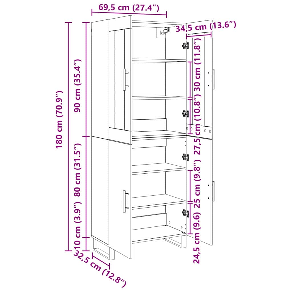 Magasfiú 2 db Musta tammi 69,5 x 34 x 180 cm Szerelt Fa
