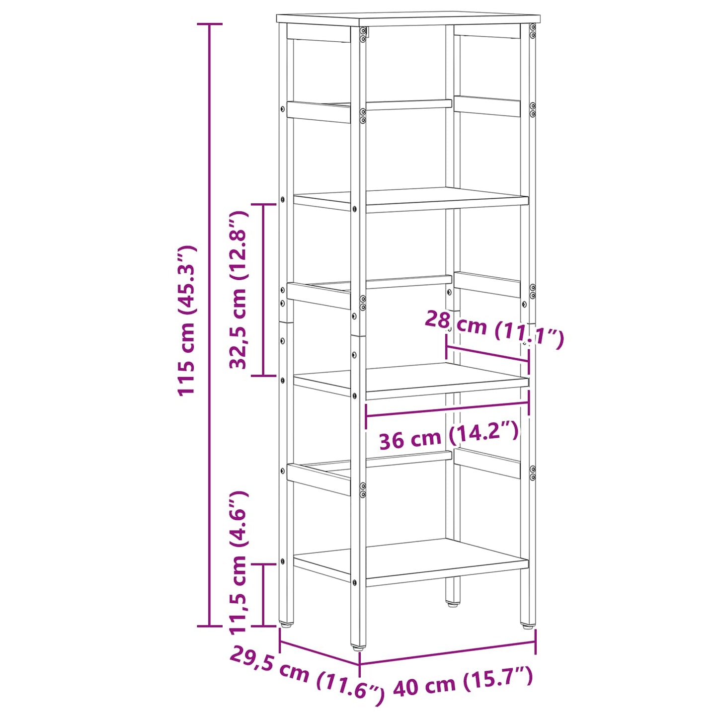 Könyvespolc 3 szintes 40 x 29,5 x 115 cm Szerelt Fa