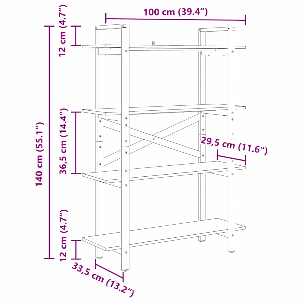 Könyvespolc 4 szintes 100 x 33,5 x 140 cm Szerelt Fa Öreg fa