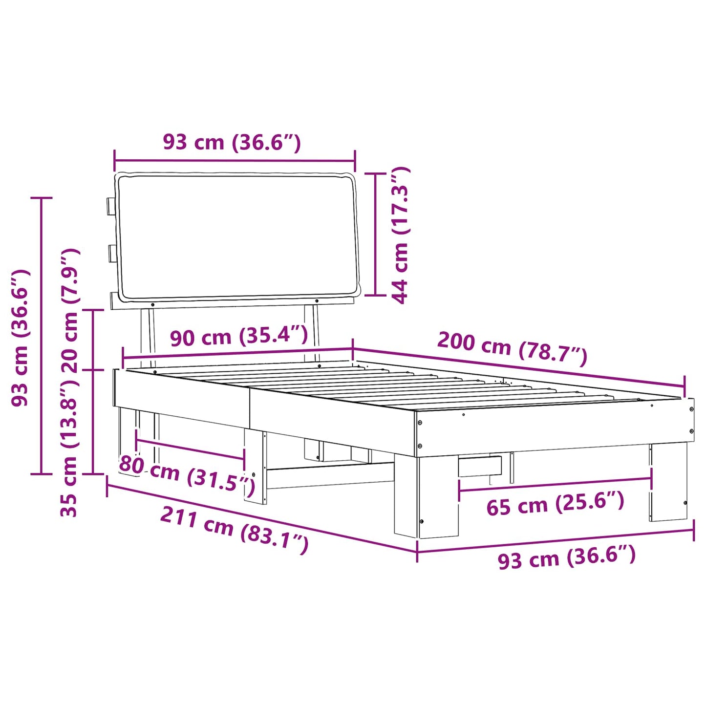 Ágykeret Kárpitozott Fejtámlával fejtámlával Fekete 90 x 200 cm