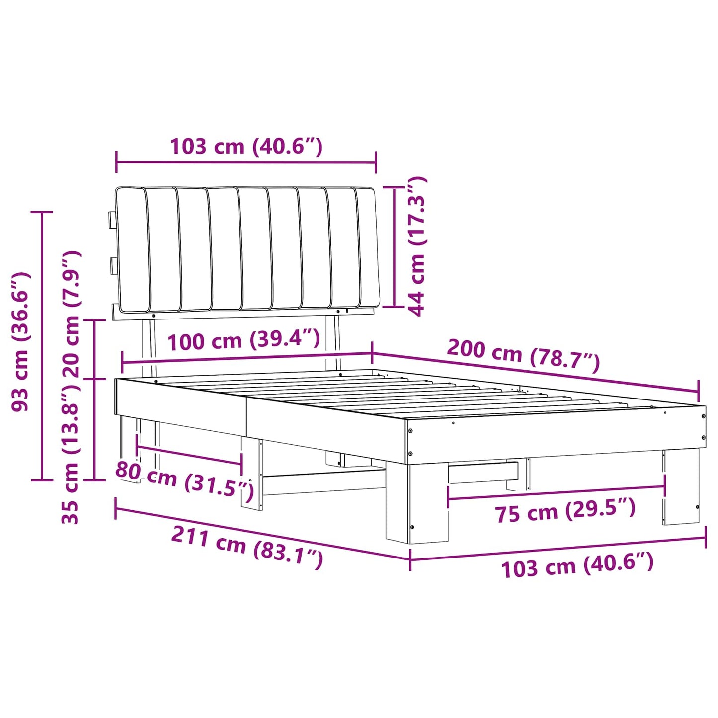 Ágykeret Kárpitozott Fejtámlával Sötétszürke 100 x 200 cm