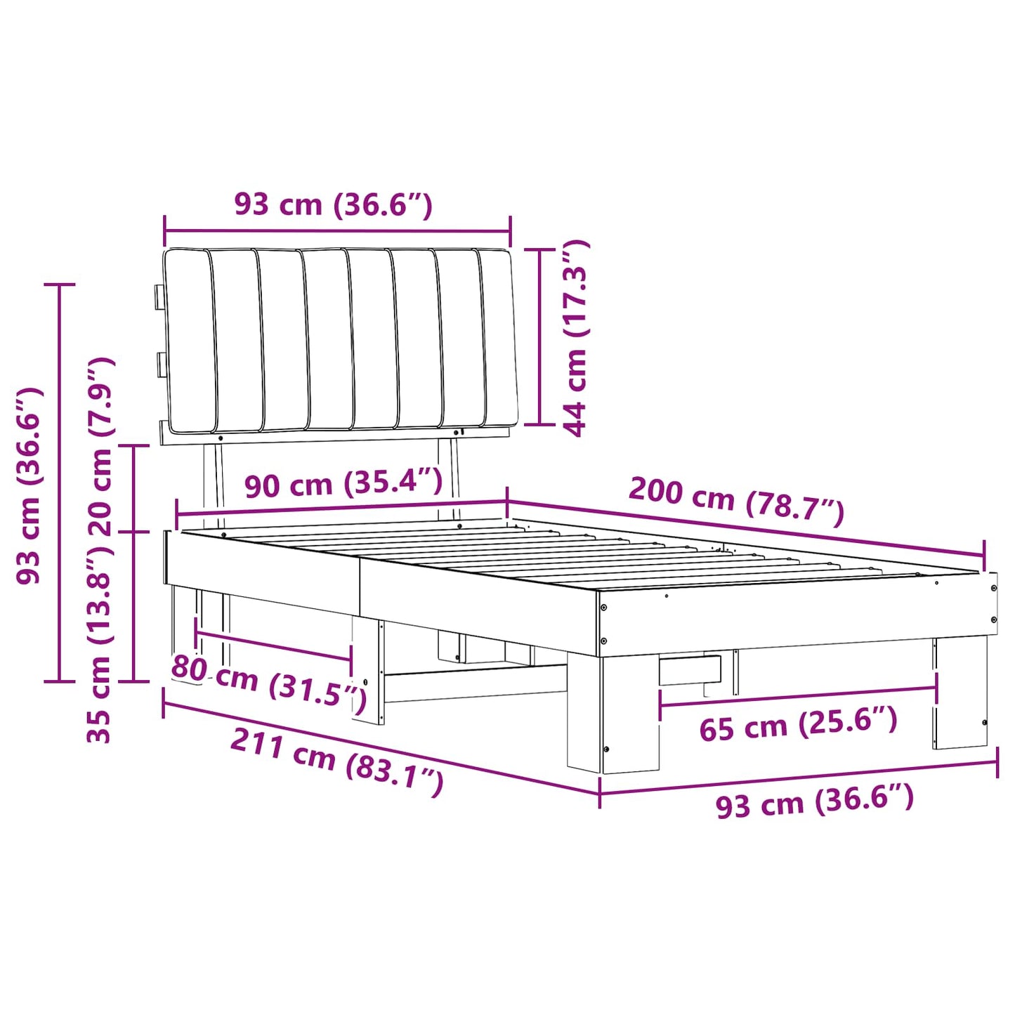 Ágykeret Kárpitozott Fejtámlával Sötétszürke 90 x 200 cm