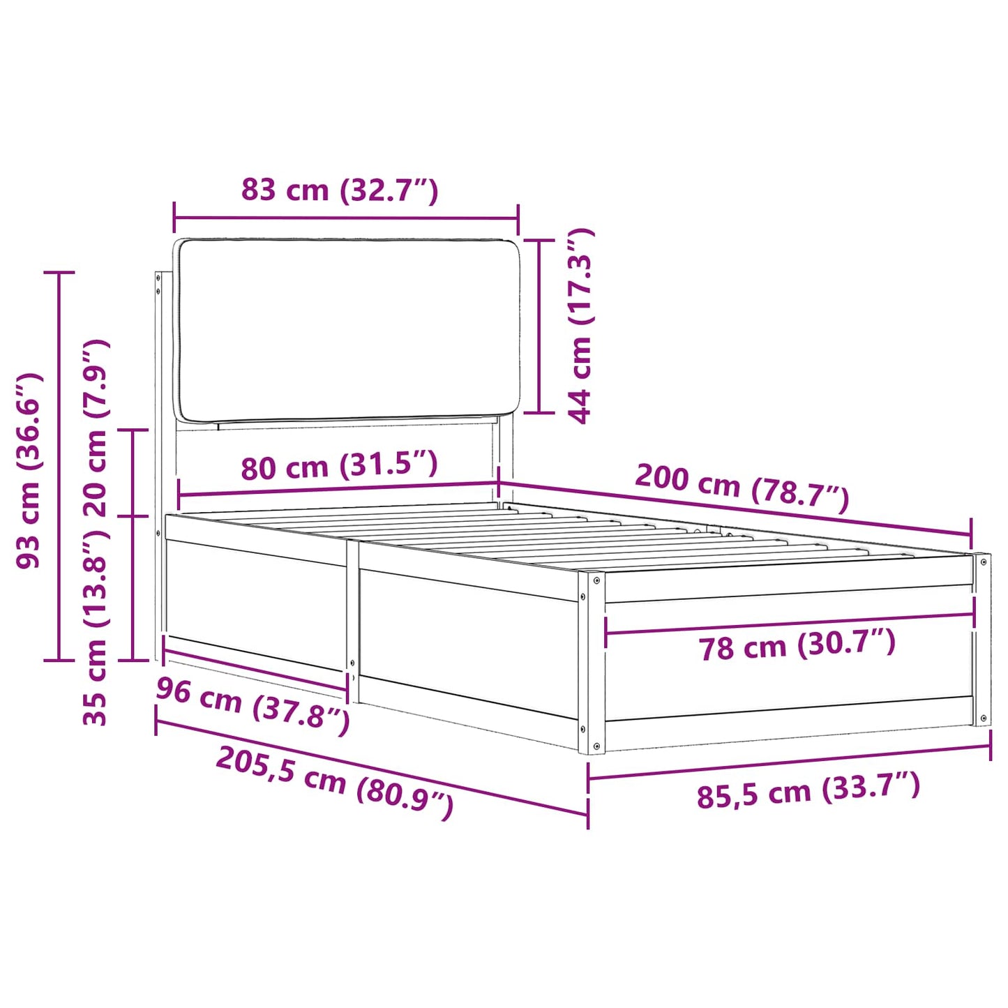 Ágykeret Kárpitozott Fejtámlával Tópszínű 80 x 200 cm
