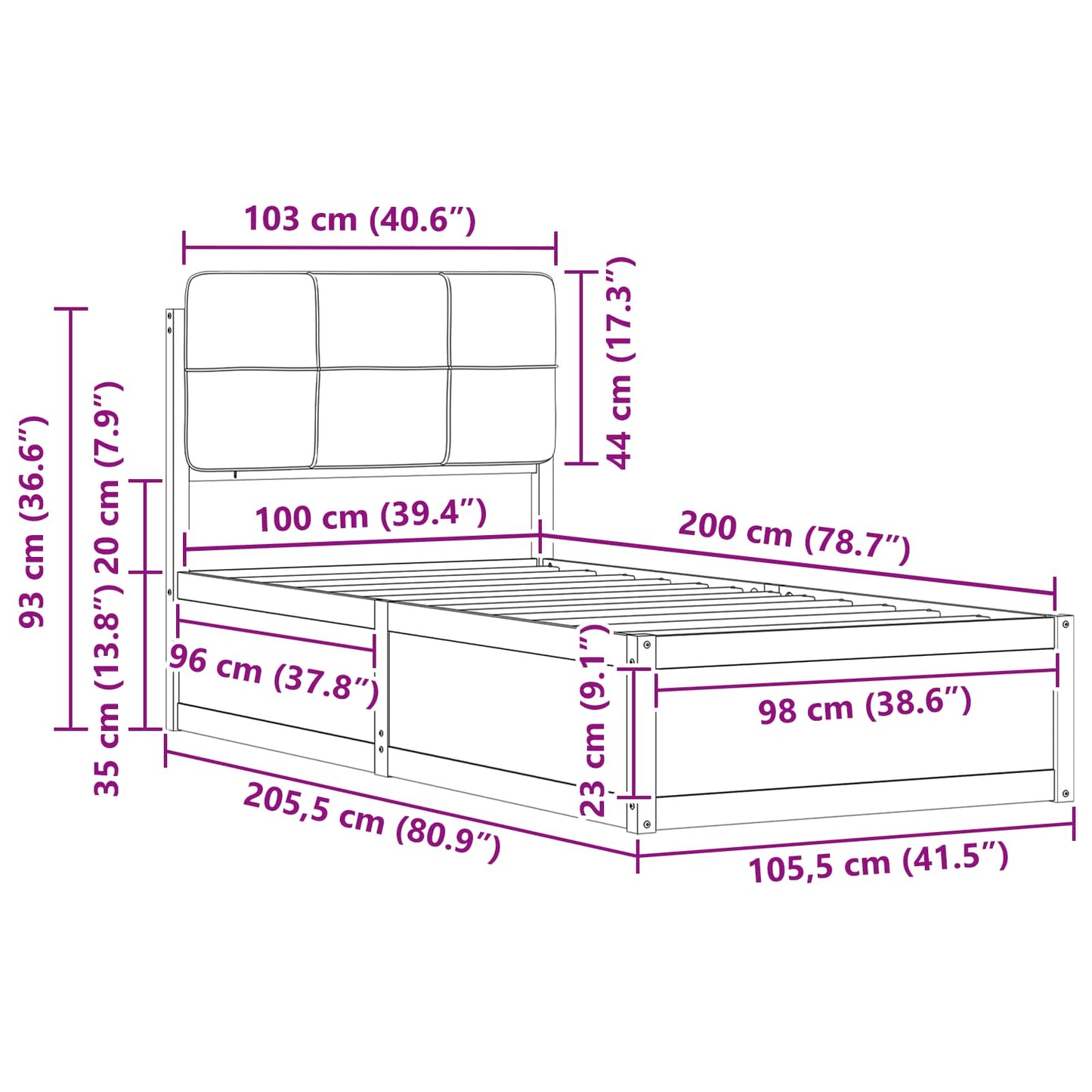 Ágykeret Kárpitozott Fejtámlával Sötétszürke 100 x 200 cm
