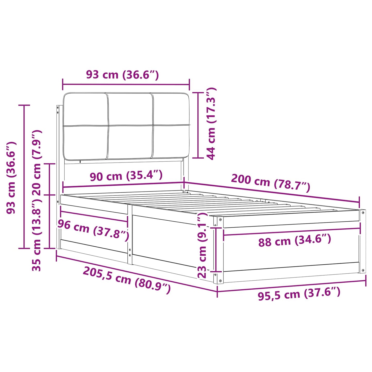 Ágykeret Kárpitozott Fejtámlával Világosszürke 90 x 200 cm