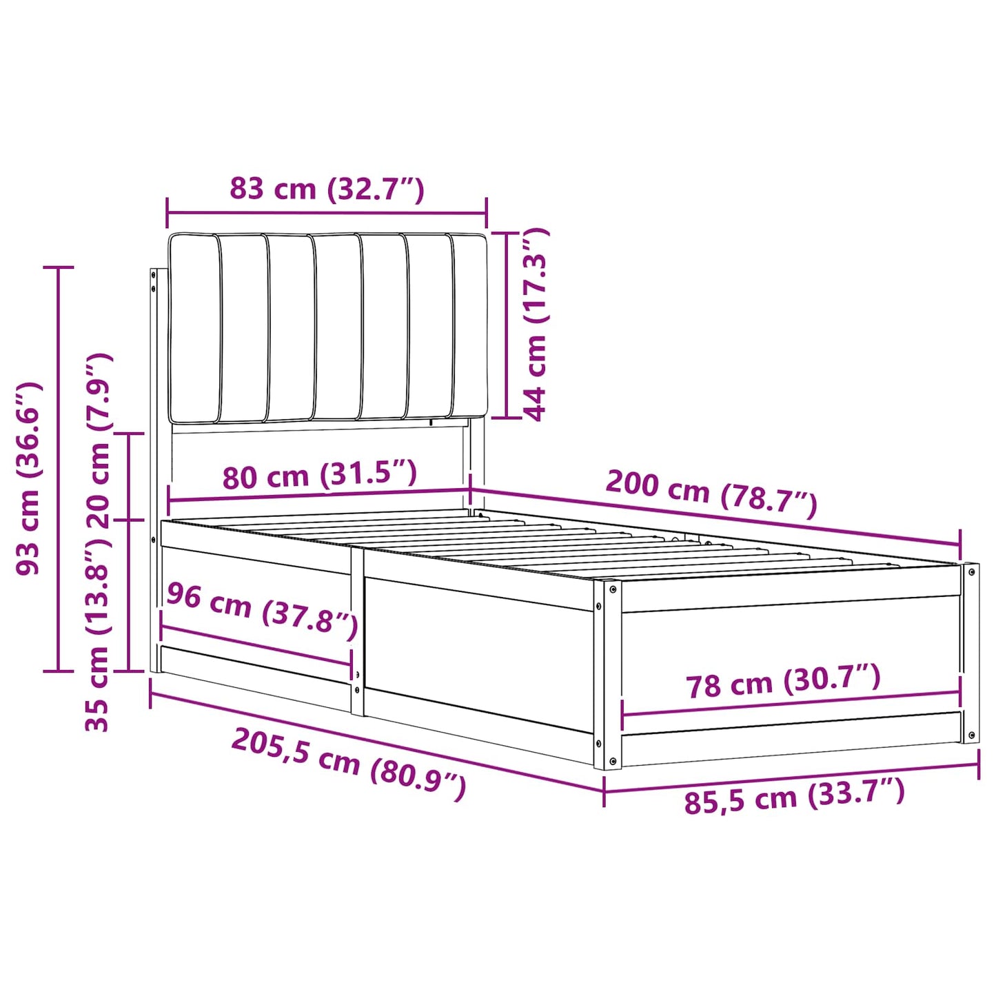 Ágykeret Kárpitozott Fejtámlával Sötétszürke 80 x 200 cm